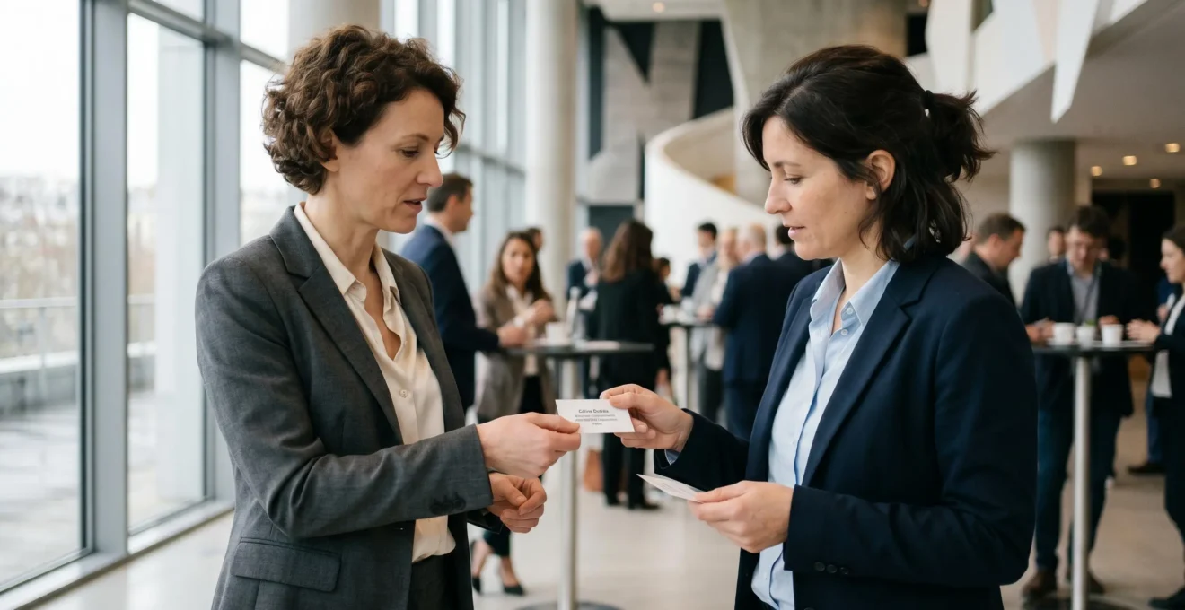 Deux professionnels échangeant des cartes de visite lors d'un événement networking dans un espace de conférence moderne avec lumière naturelle