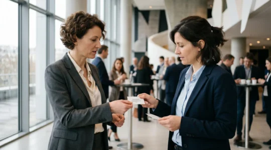 Deux professionnels échangeant des cartes de visite lors d'un événement networking dans un espace de conférence moderne avec lumière naturelle
