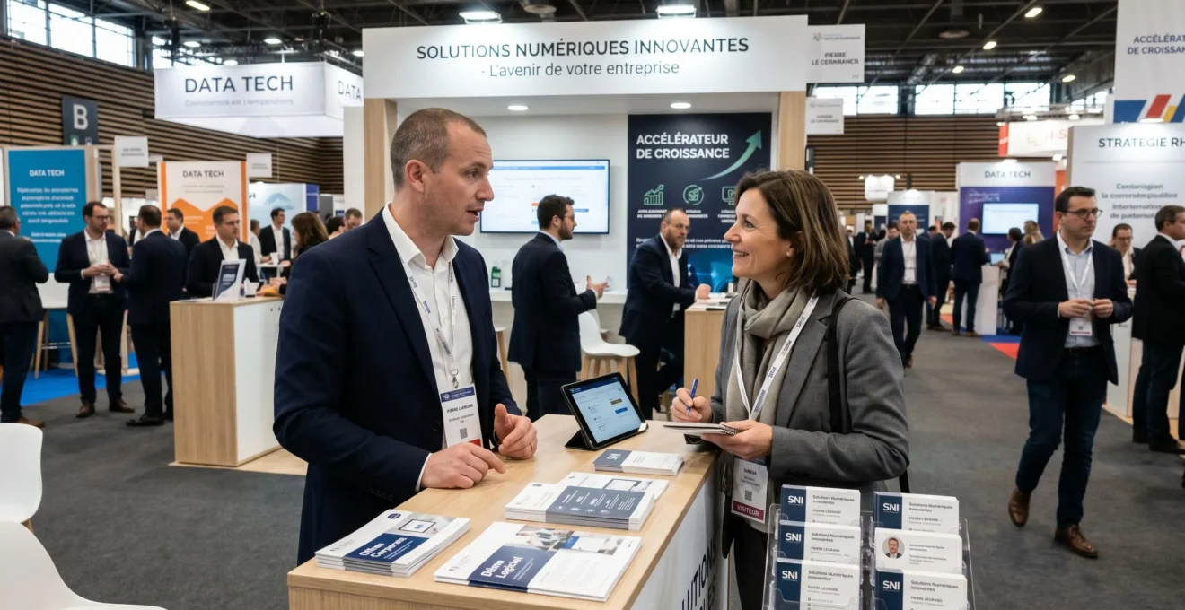 Stand professionnel lors d'un salon en France avec cartes de visite visibles sur le comptoir et échanges entre visiteurs et exposants