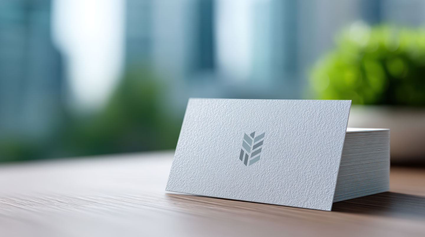 Gros plan sur des cartes de visite professionnelles de qualité sur un bureau blanc montrant les détails de texture et finitions premium
